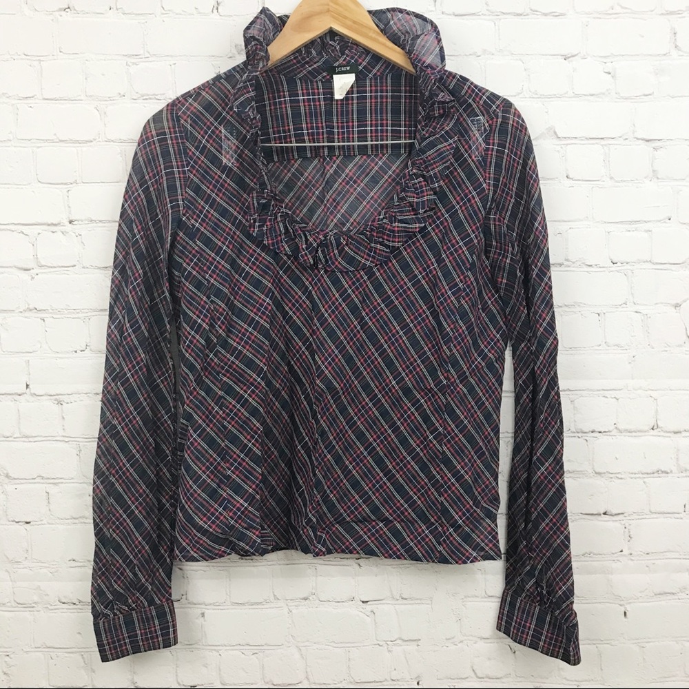 J Crew Ruffle Neck Blue Plaid Shirt 2